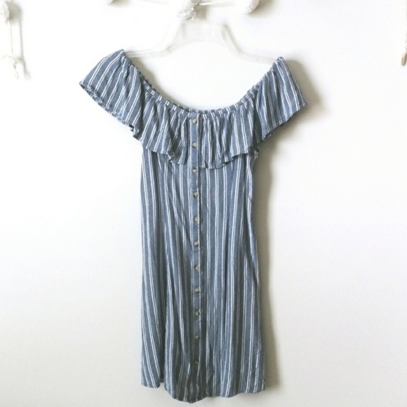 American Eagle Blue & White Pinstripe Off The Shoulder Dress Size Small - Picture 3 of 9